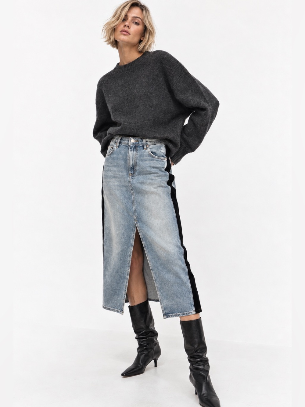 Gap Midi Denim Skirt with Black Velvet Trim